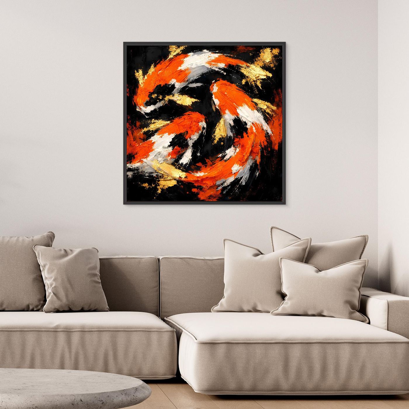 Leinwand Dynamische Koi-Karpfen | Abstraktes Yin Yang Wandbild Gold Orange