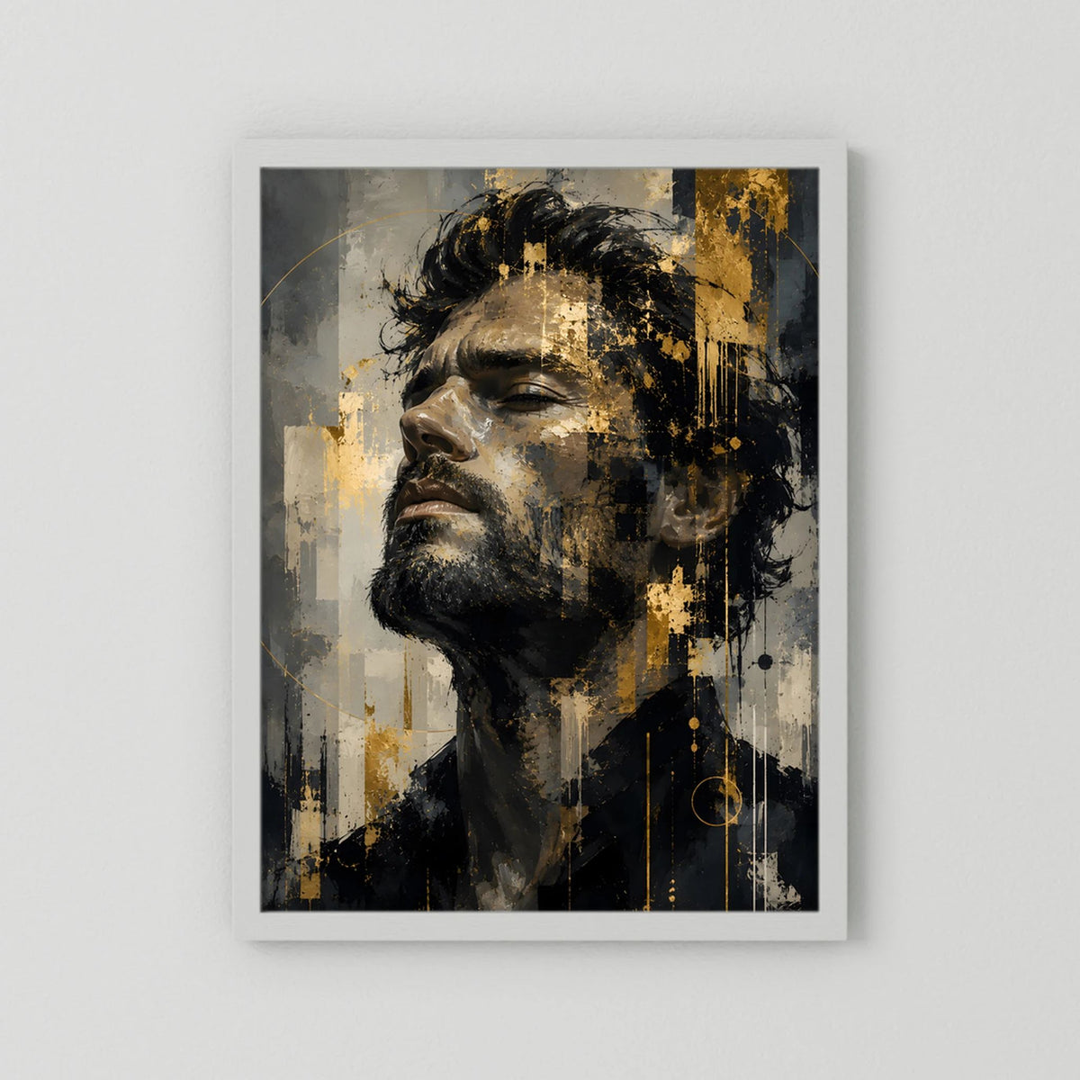 Kunstposter im Hochformat: abstraktes Männerporträt in Schwarz, Grau & Gold, weißer Rahmen