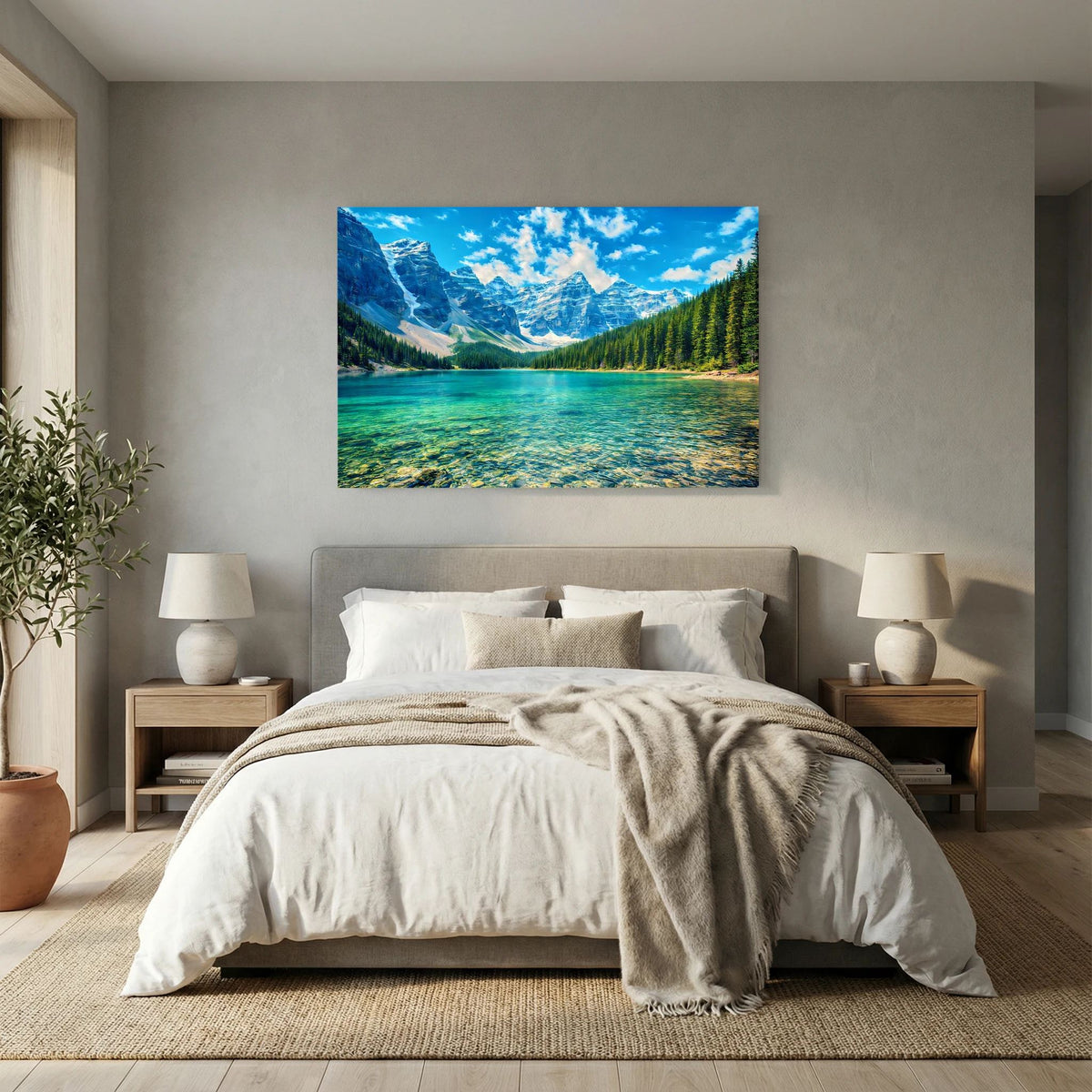 Wandbild mit türkisfarbenem See, Bergspitzen und Nadelwald, Querformat
