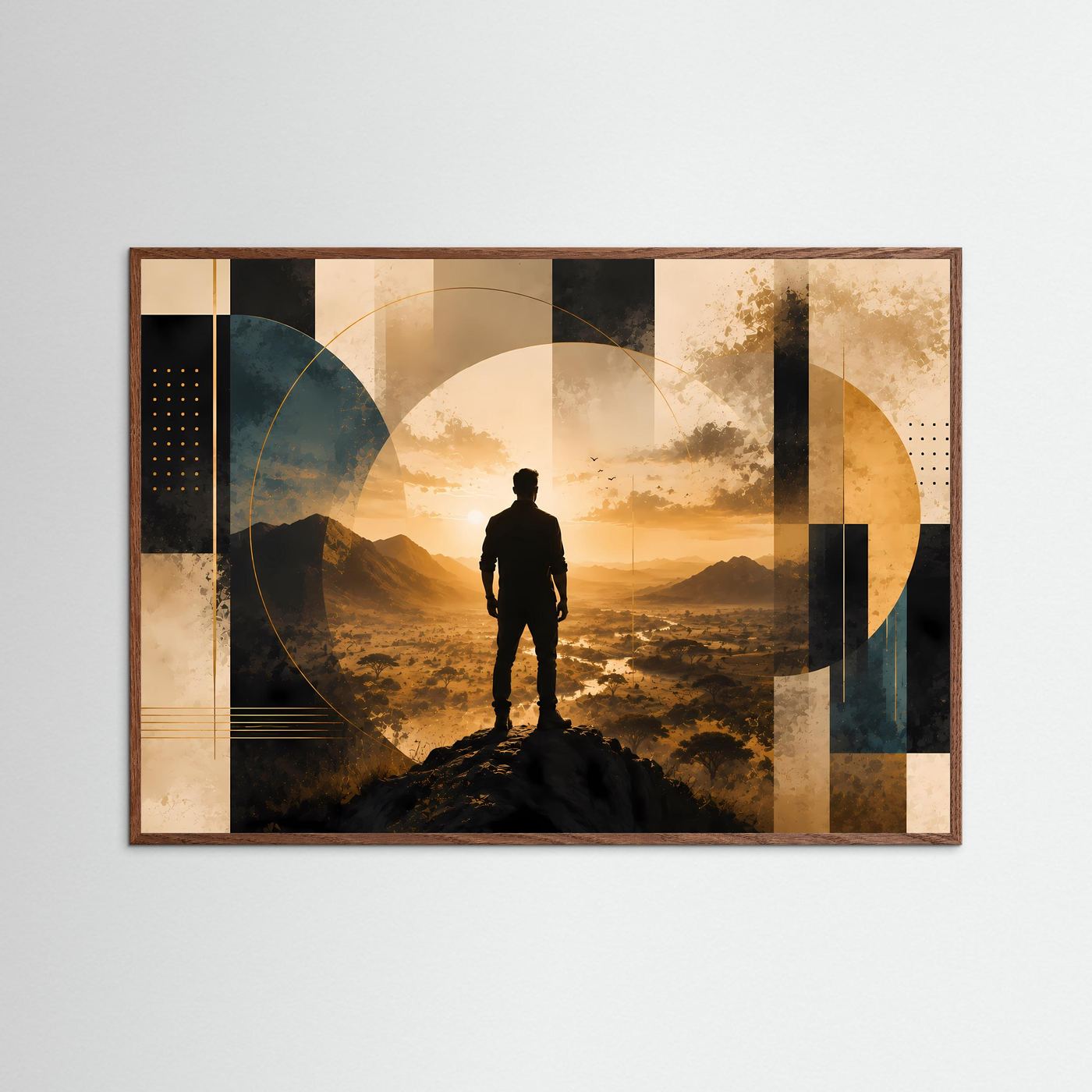Querformat-Poster mit Silhouette eines Mannes auf Berggipfel im braunen Holzrahmen, Gold und Schwarz