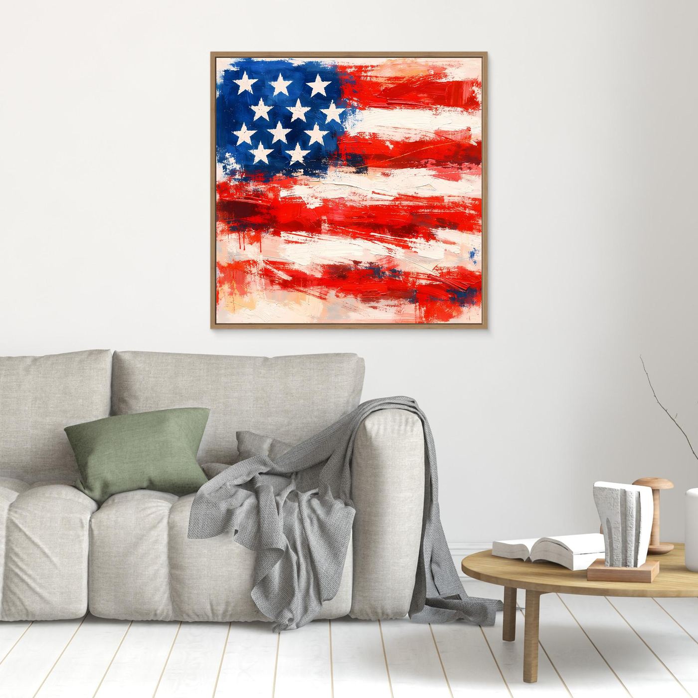Small abstract USA flag wall art with light wood frame, blue stars and red-white strokes