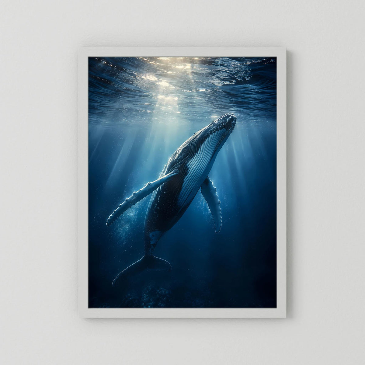 Poster im Hochformat mit Buckelwal unter Wasser, weißer Rand, ohne sichtbaren Rahmen