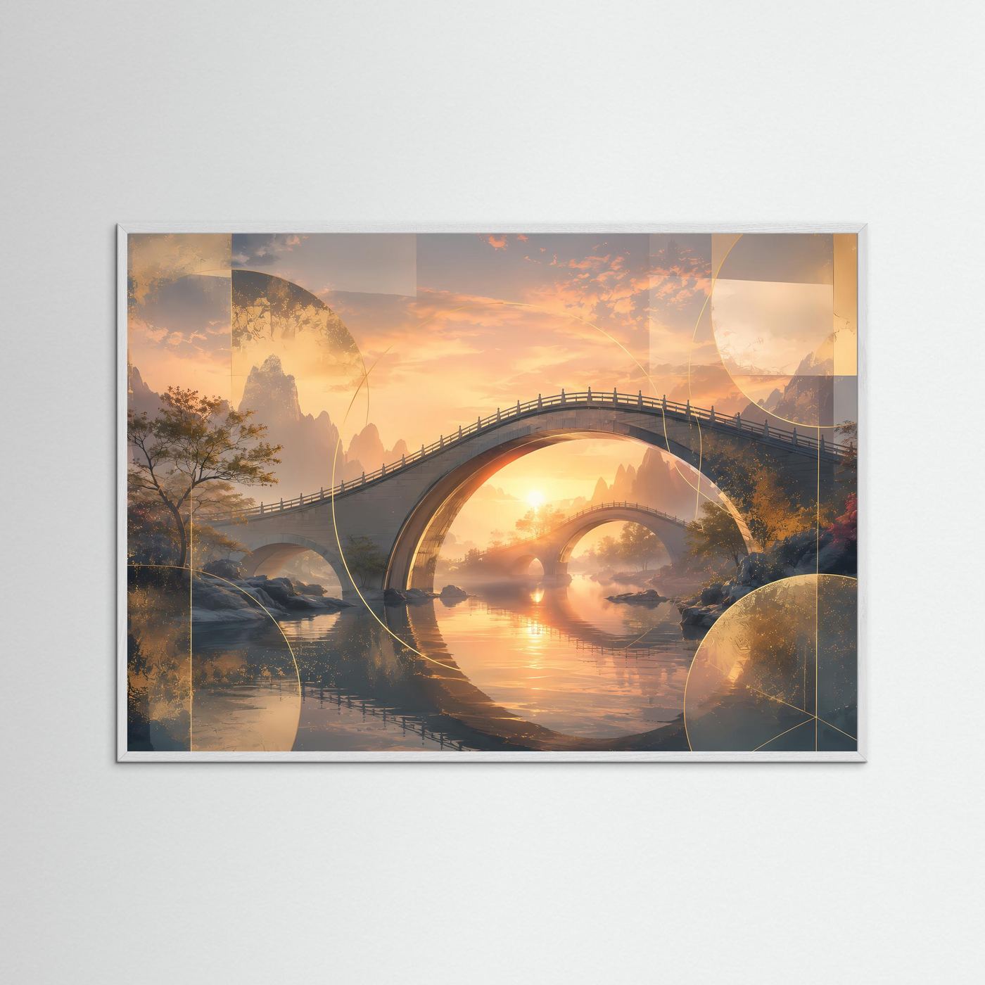 Querformat-Poster mit Bogenbrücke über ruhigem Wasser, im Sonnenuntergang, weißer Holzrahmen