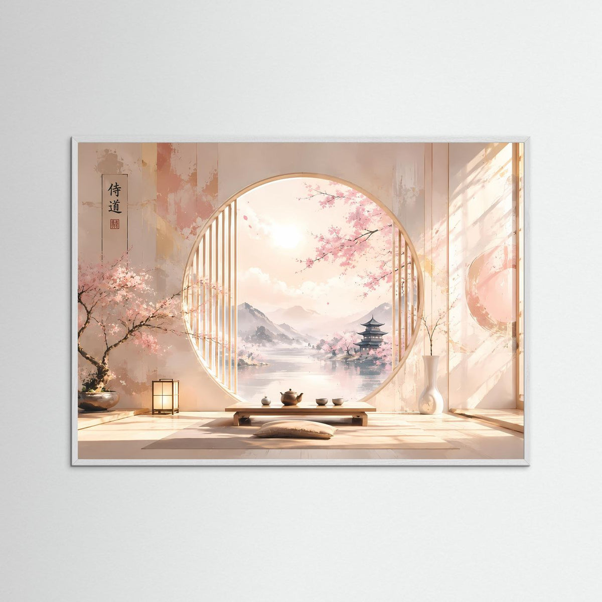 Gerahmter Kunstdruck mit Kirschblüten im Zen-Raum, weißer Holzrahmen, Rundbogen mit Pagode
