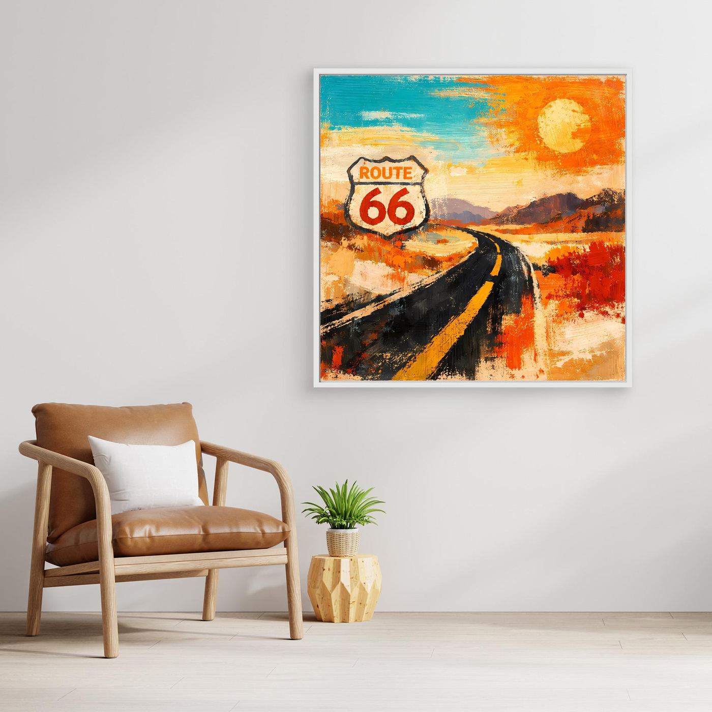 Abstraktes Leinwand-Wandbild „Route 66“ mit hellem Rahmen, Straße in Blau-Orange