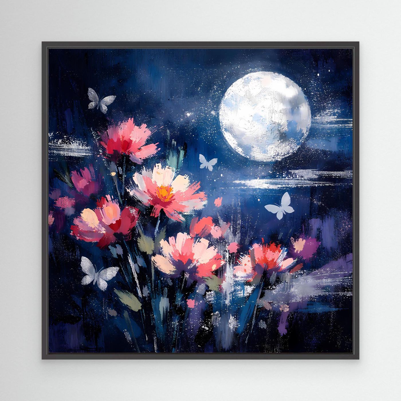 Abstraktes Blumen-Wandbild mit schwarzem Rahmen: pinke Blüten, großer heller Mond, Schmetterlinge