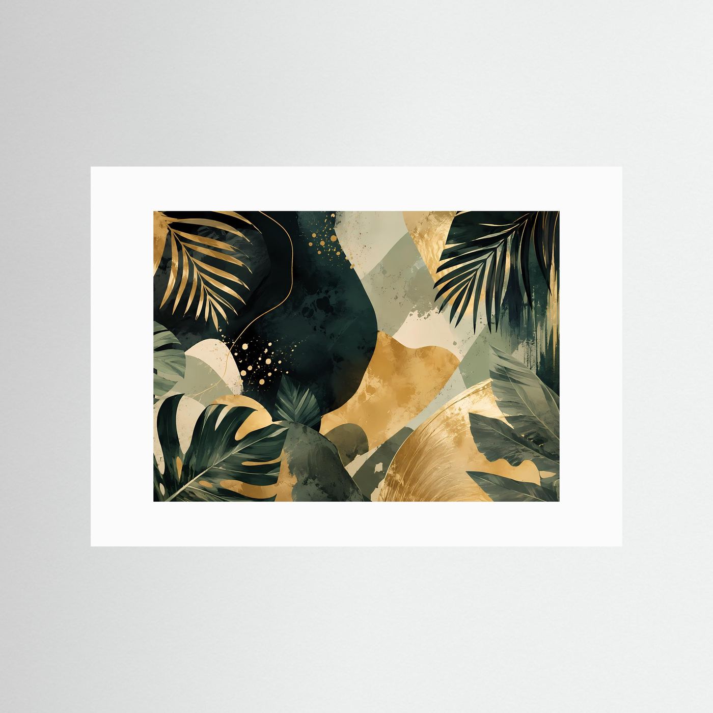 Botanik Poster Querformat | Abstrakte Tropische Blätter in Grün, Gold & Beige