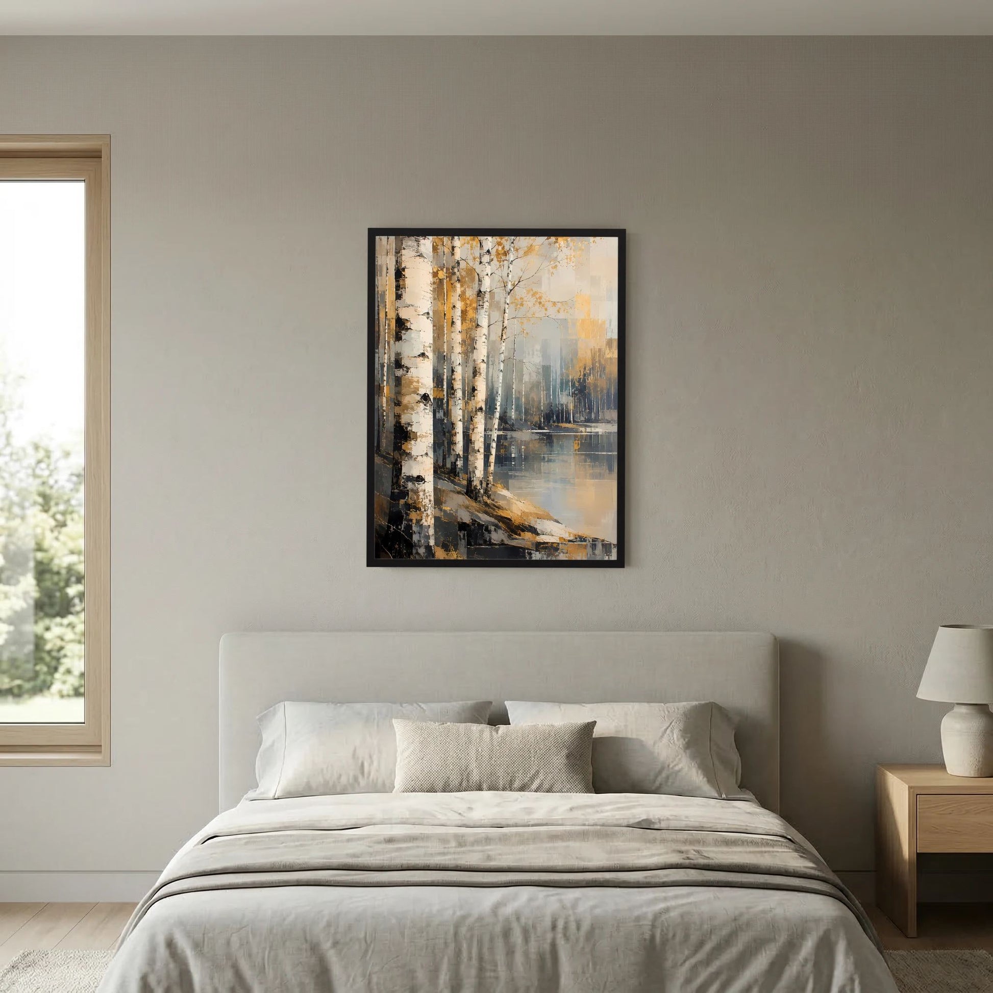 Hochformat-Poster im dunklen Rahmen: Birkenwaldmotiv mit gold-beigen Farbakzenten