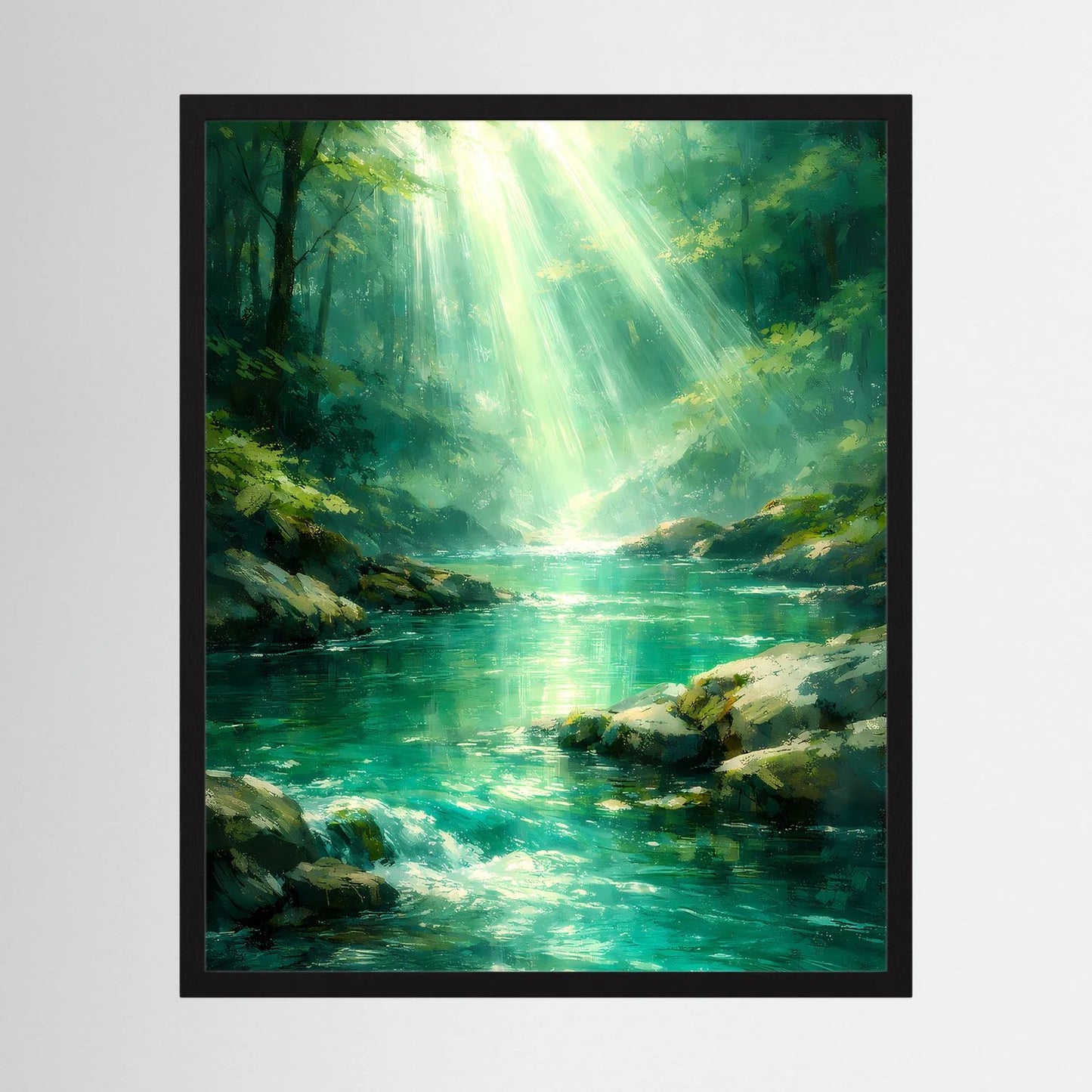 Wandbild mit leuchtendem Fluss im grünen Wald und Lichtstrahlen, schwarz gerahmt
