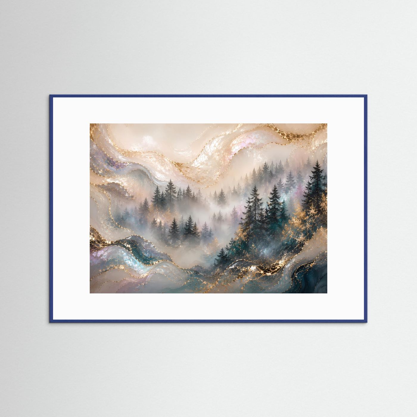 Querformat-Poster: Tannenwald mit perlmuttigem Nebel und goldenen Akzenten, blauer Rahmen.