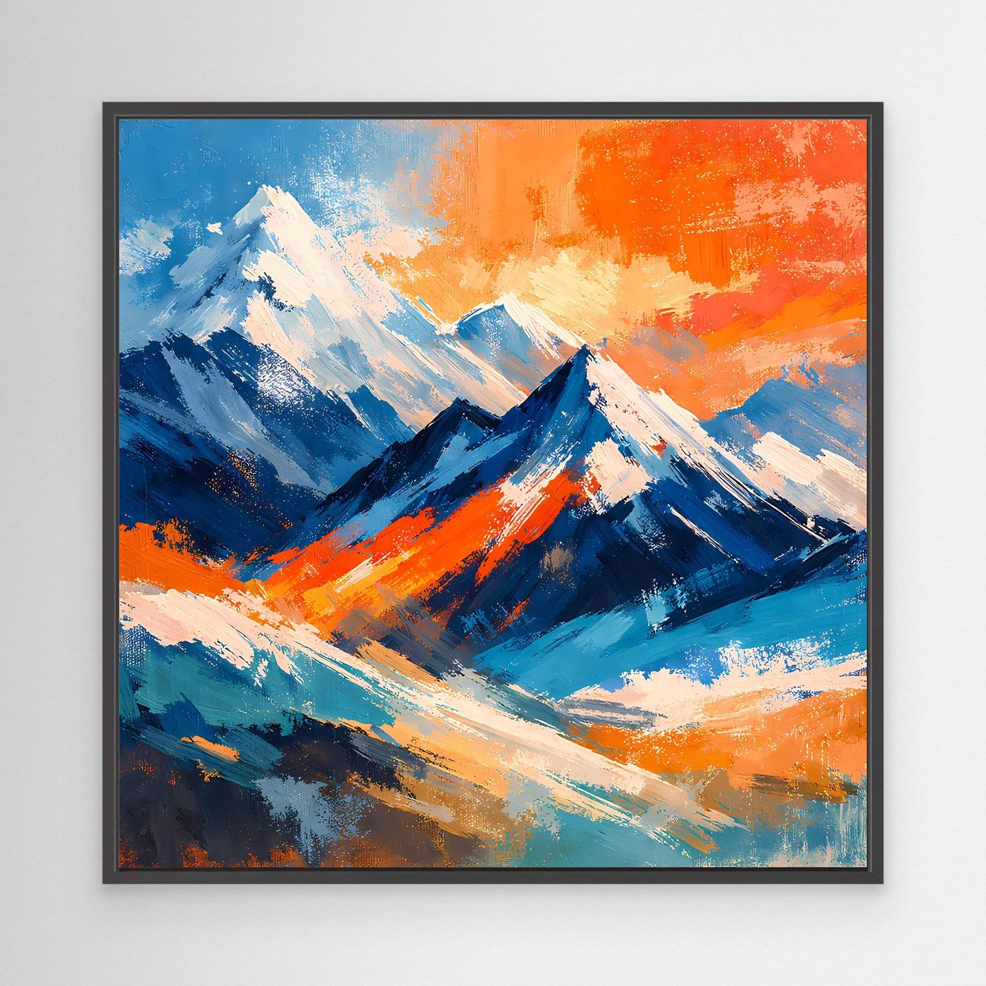 Abstraktes Leinwandbild mit Berggipfeln in Blau- und Orange-Tönen, schwarzer Rahmen.