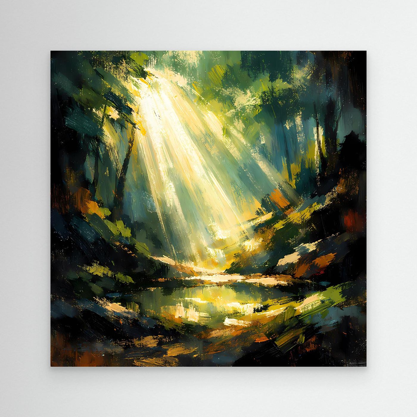 Leinwandbild: goldene Lichtstrahlen im Wald über Teich, ohne Rahmen sichtbar