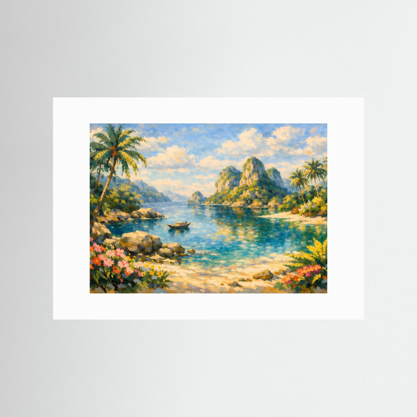 Tropische Paradies-Bucht | Ölmalerei Palmen & Strand Poster Querformat