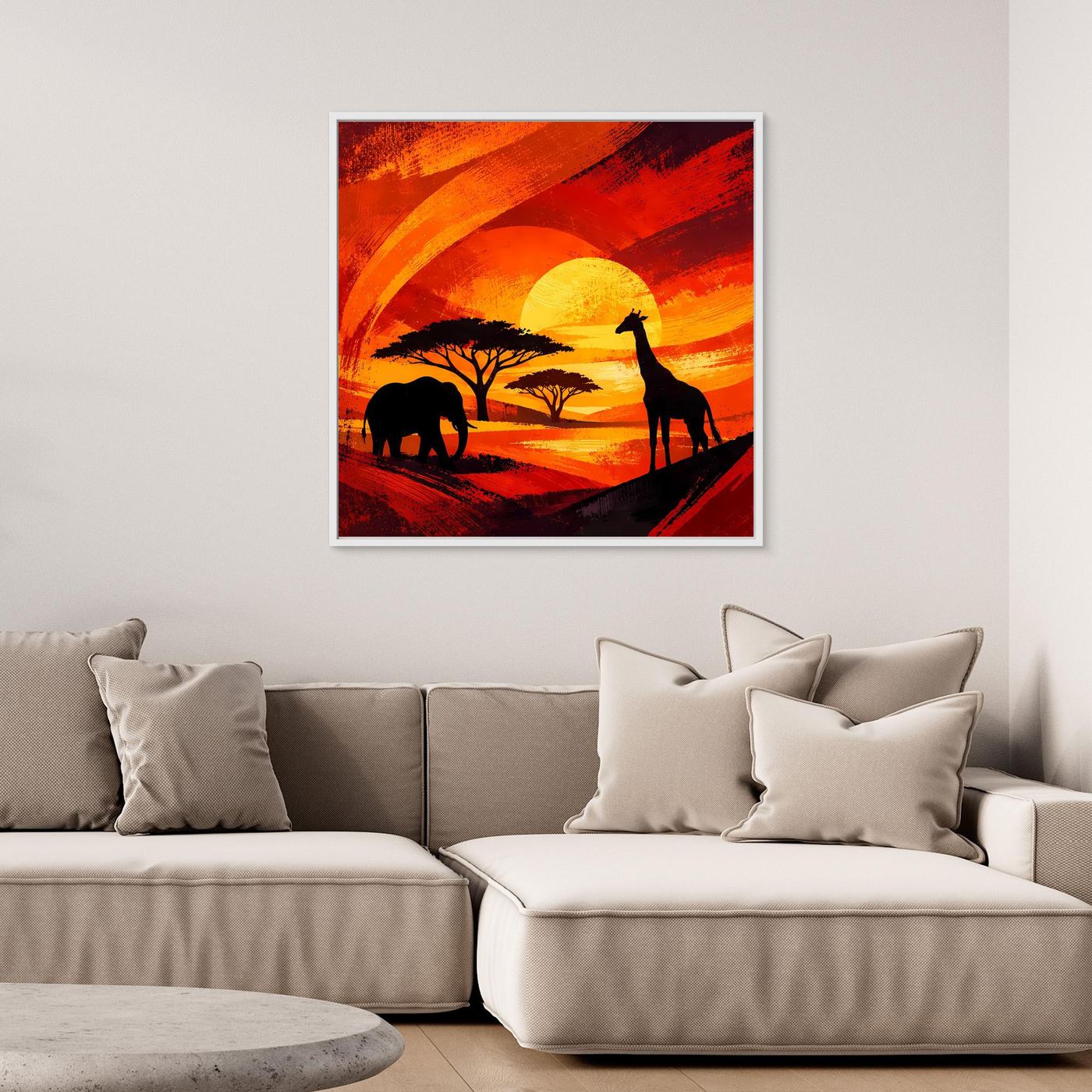 Gerahmtes Leinwandbild mit dunklen Tier-Silhouetten und orange-rotem Himmel im Sonnenuntergang