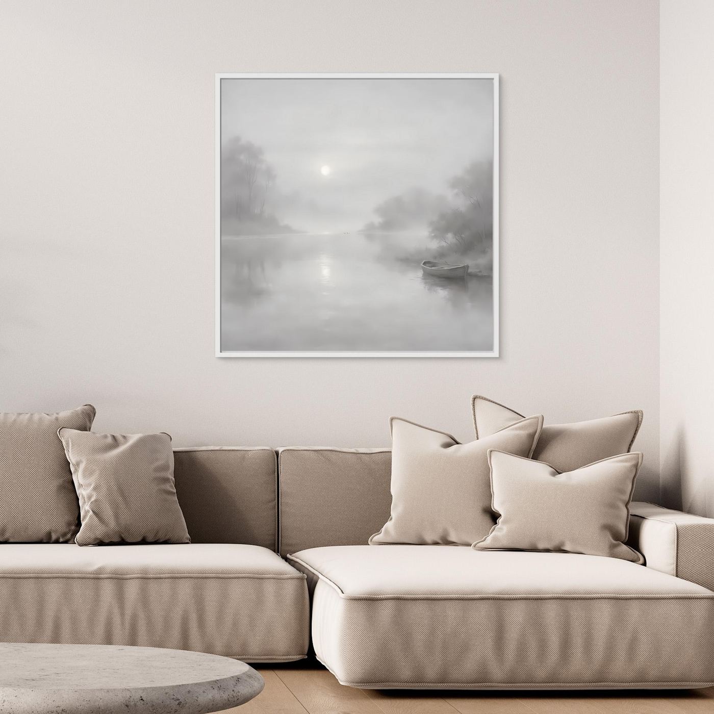 Leinwandbild mit nebligem Flussmotiv in Grau, weißer Rahmen