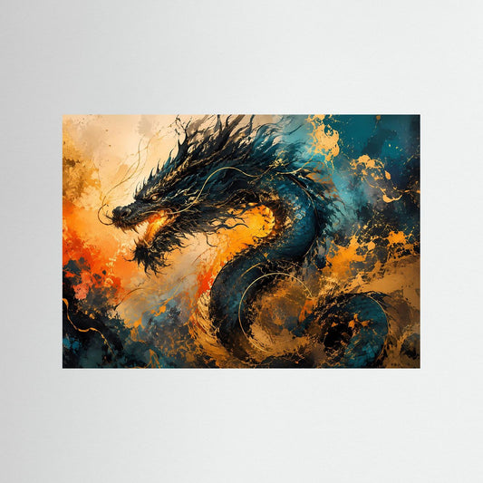 Fantasy-Poster Querformat mit dunklem Drachen, farbige Rauch- und Spritzgrafik, ohne Rahmen