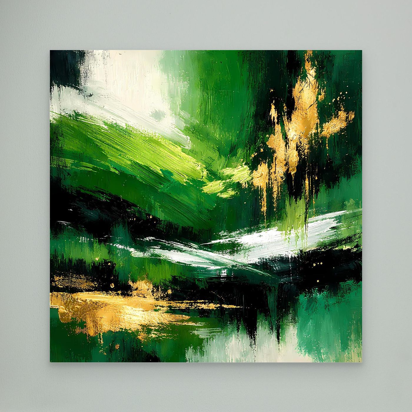 Leinwand Abstraktes Landschaftsgemälde in Smaragdgrün und Gold | Modernes Natur Wandbild