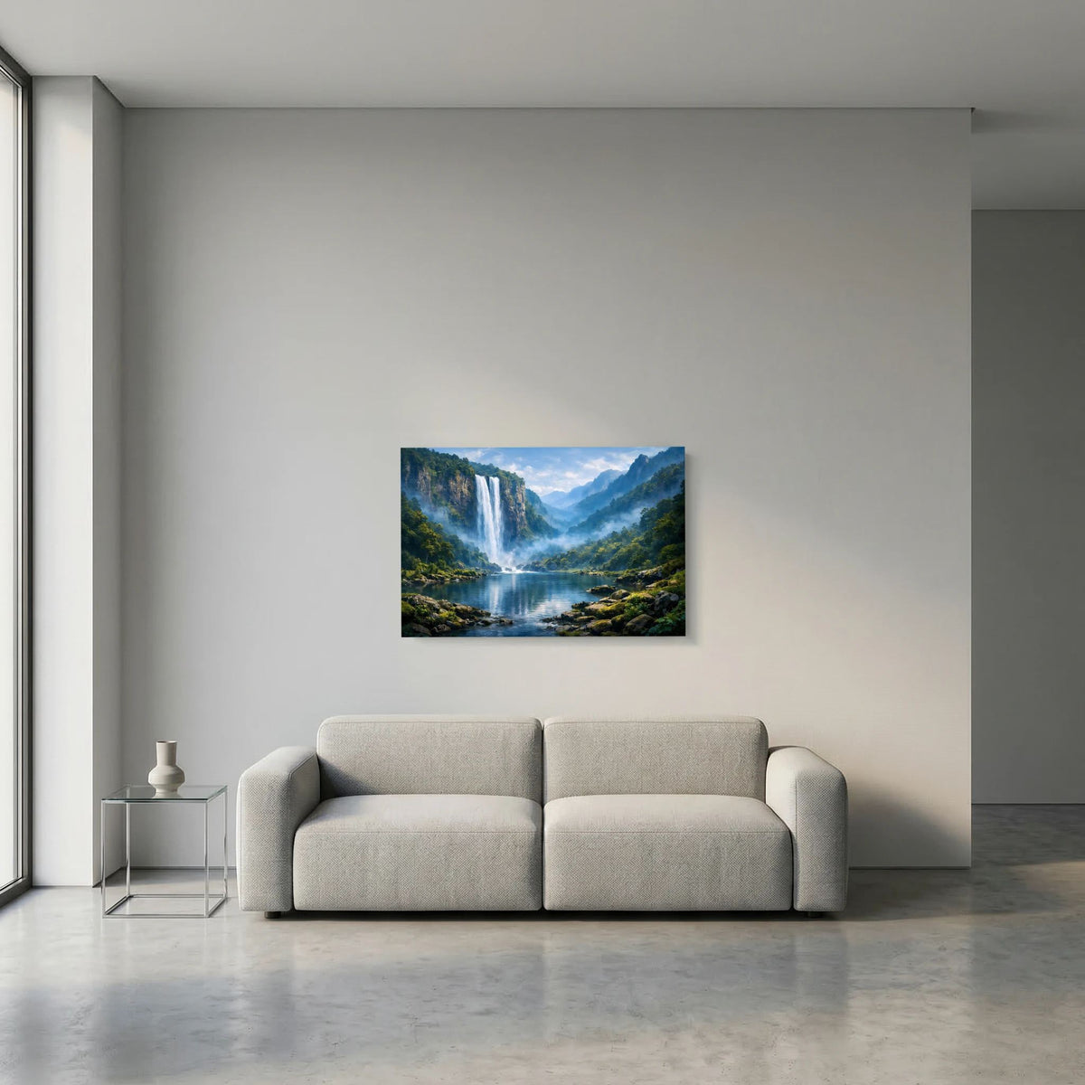 Wandbild im Querformat mit Wasserfall und Berglandschaft über See im Wohnzimmer