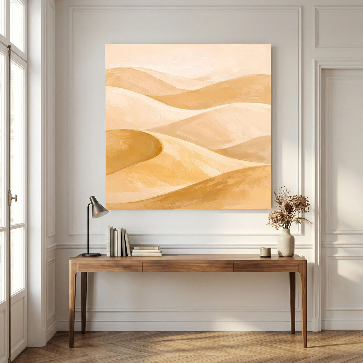 Quadratisches Leinwand-Wandbild mit abstrakten Sandhügeln in Beige, Elfenbein und Gold
