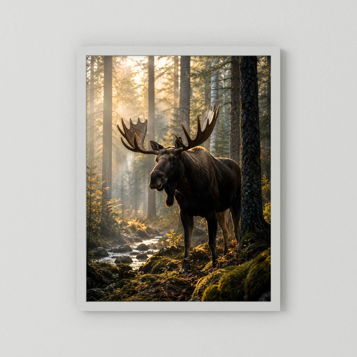 Elch-Naturposter im Wald mit Geweih-Elch, weißer Rahmen