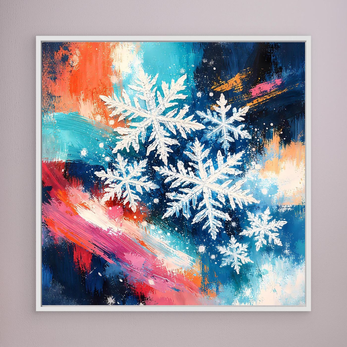 Gerahmtes Leinwandbild mit weißen Schneeflocken, weißer Rahmen, abstraktes Winterdesign