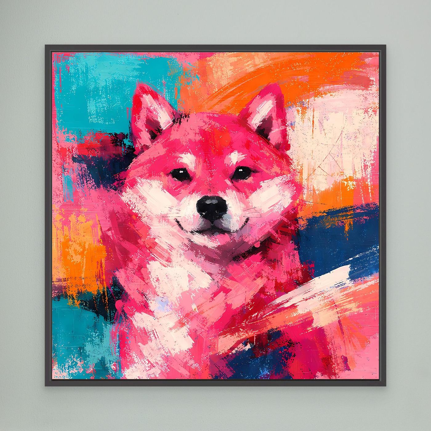 Farbenfrohes Shiba-Inu-Wandbild auf Leinwand mit schwarzem Rahmen