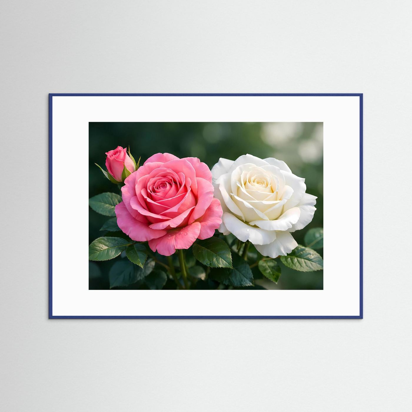 Blumenposter mit rosa und weißer Rosenblüte, blauer Rahmen