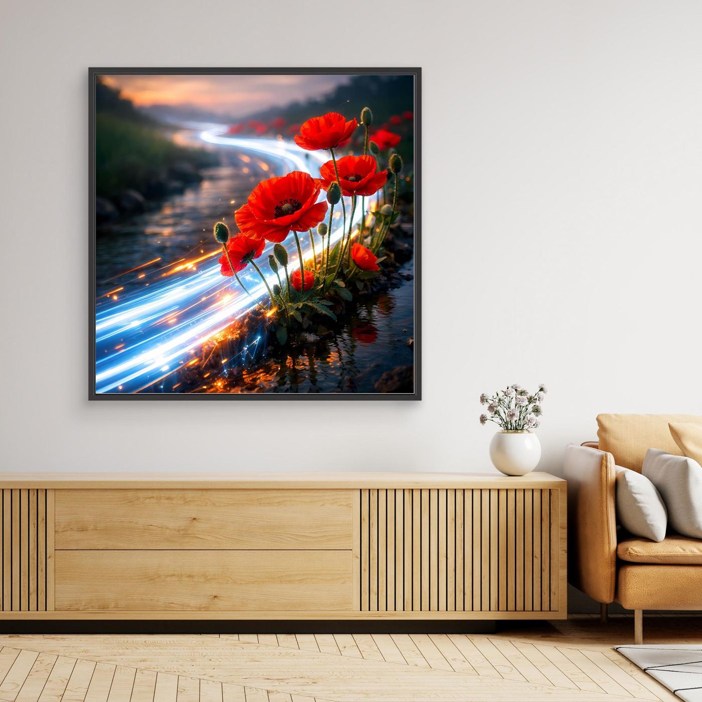 Leinwandbild mit roten Mohnblumen, Lichtfluss-Motiv, schwarzer Rahmen