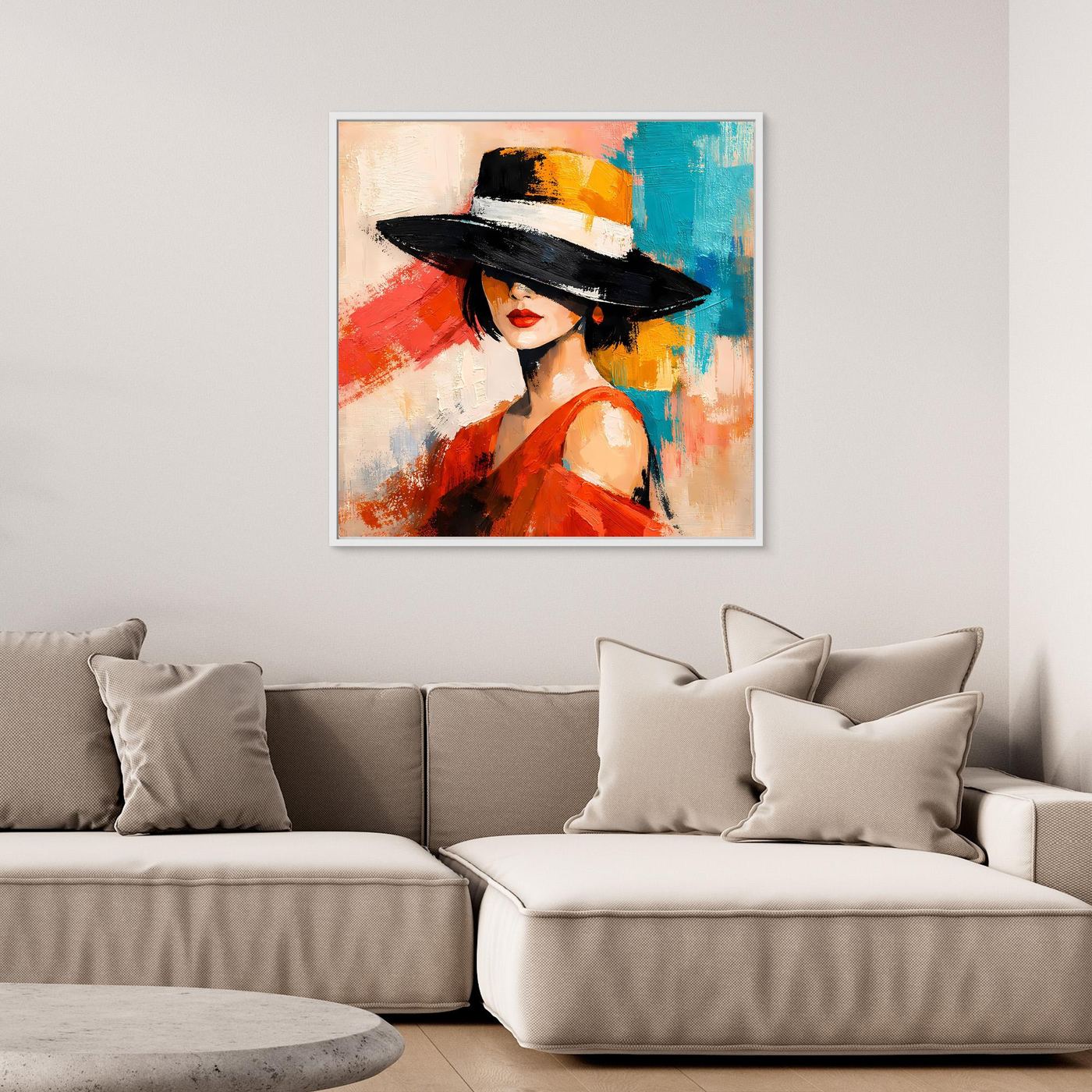 Abstract portrait wall art with white frame: woman in a black hat and red dress