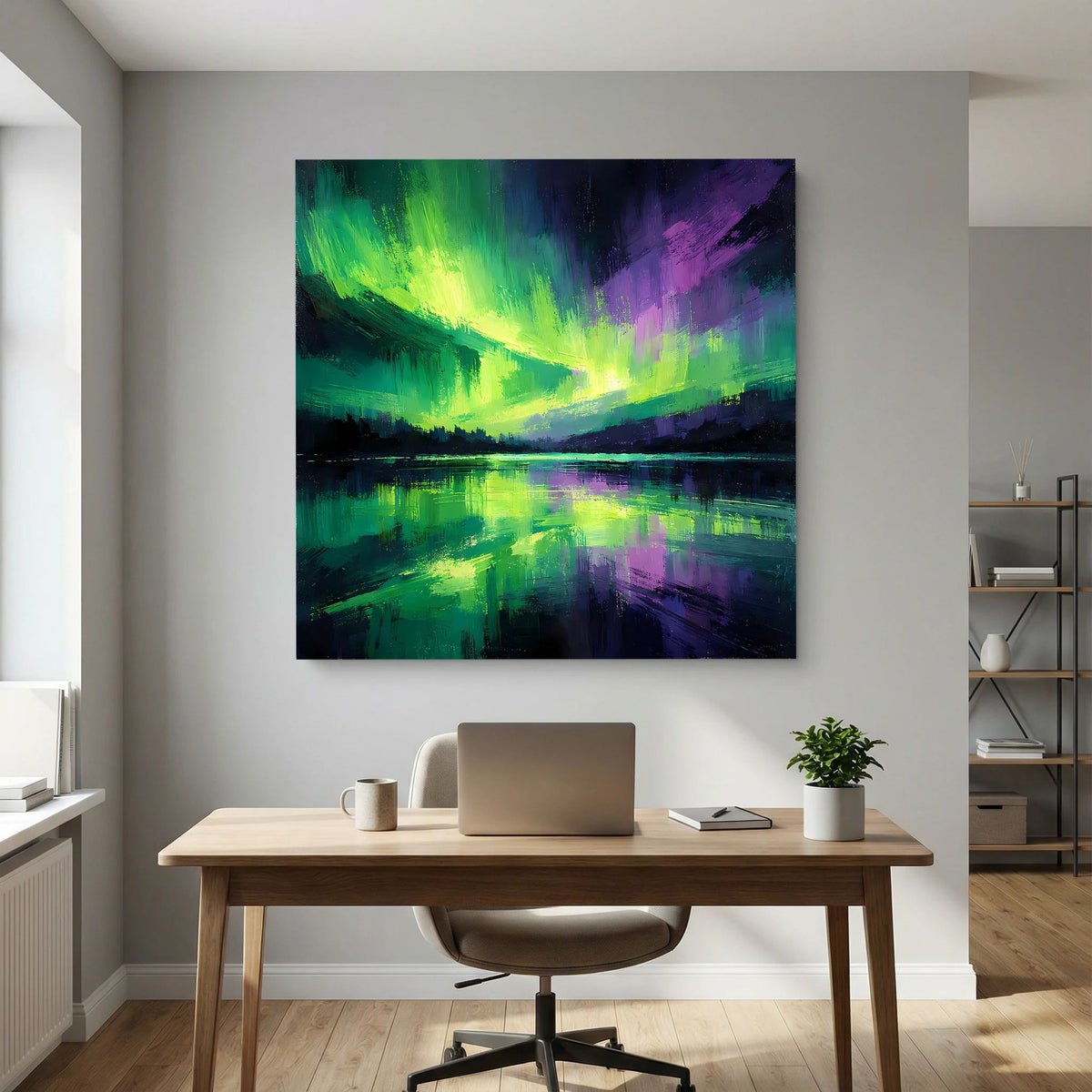 Leinwand-Wandbild im Querformat mit abstraktem Nordlicht und Spiegelung auf dunklem Wasser