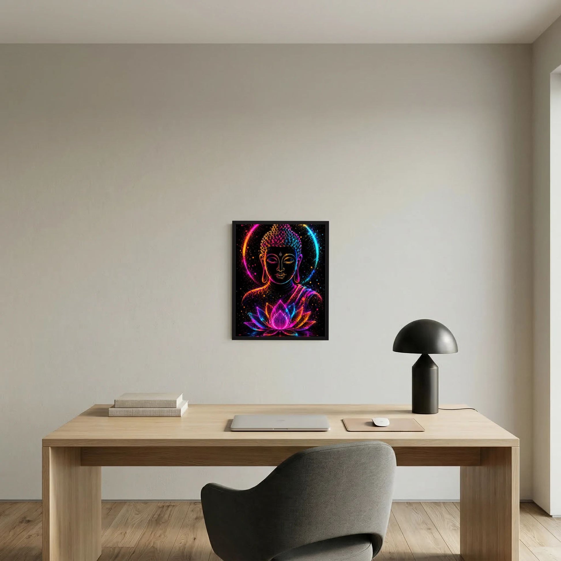 Neon-Buddha-Poster mit Lotusblüte, im schwarzen Rahmen an Wand