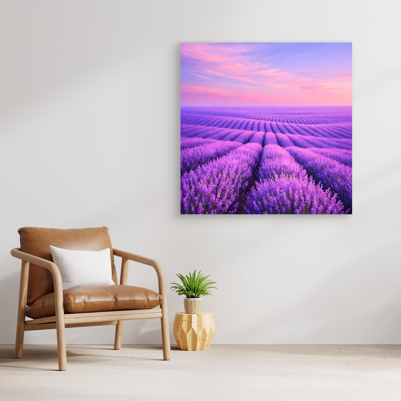 Leinwandbild Lavendelfeld ohne Rahmen, lila Reihen und pinker Himmel