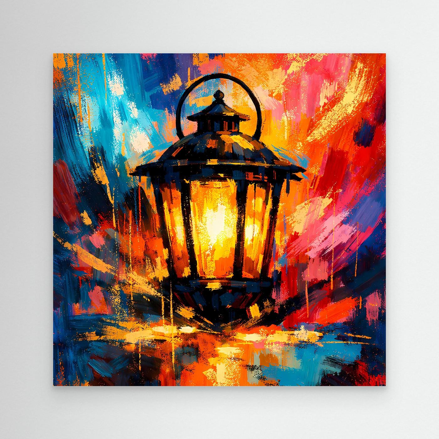 Leinwandbild mit Laterne, abstraktes Farbspritzmotiv in Blau, Orange und Rot