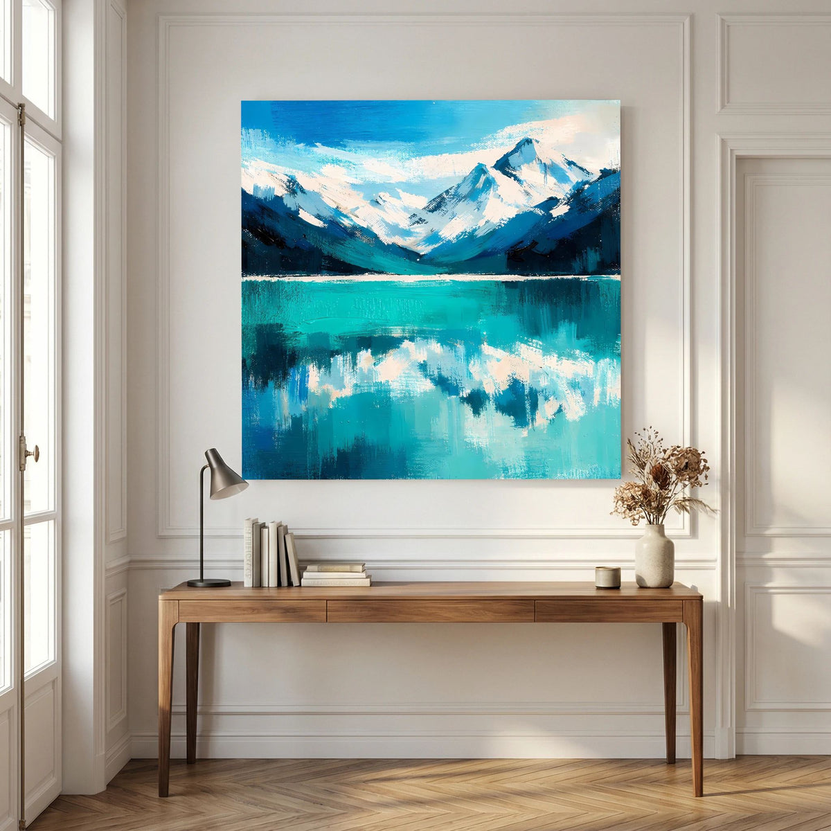 Leinwand Abstraktes Bergsee Gemälde | Modernes Alpines Wandbild Türkis Blau