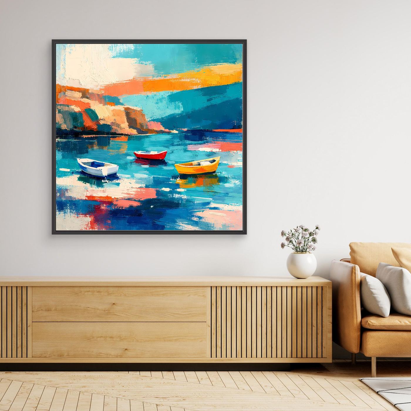 Abstraktes Leinwand-Wandbild mit Booten in der Bucht, schwarze Einfassung, türkis-orange Farben