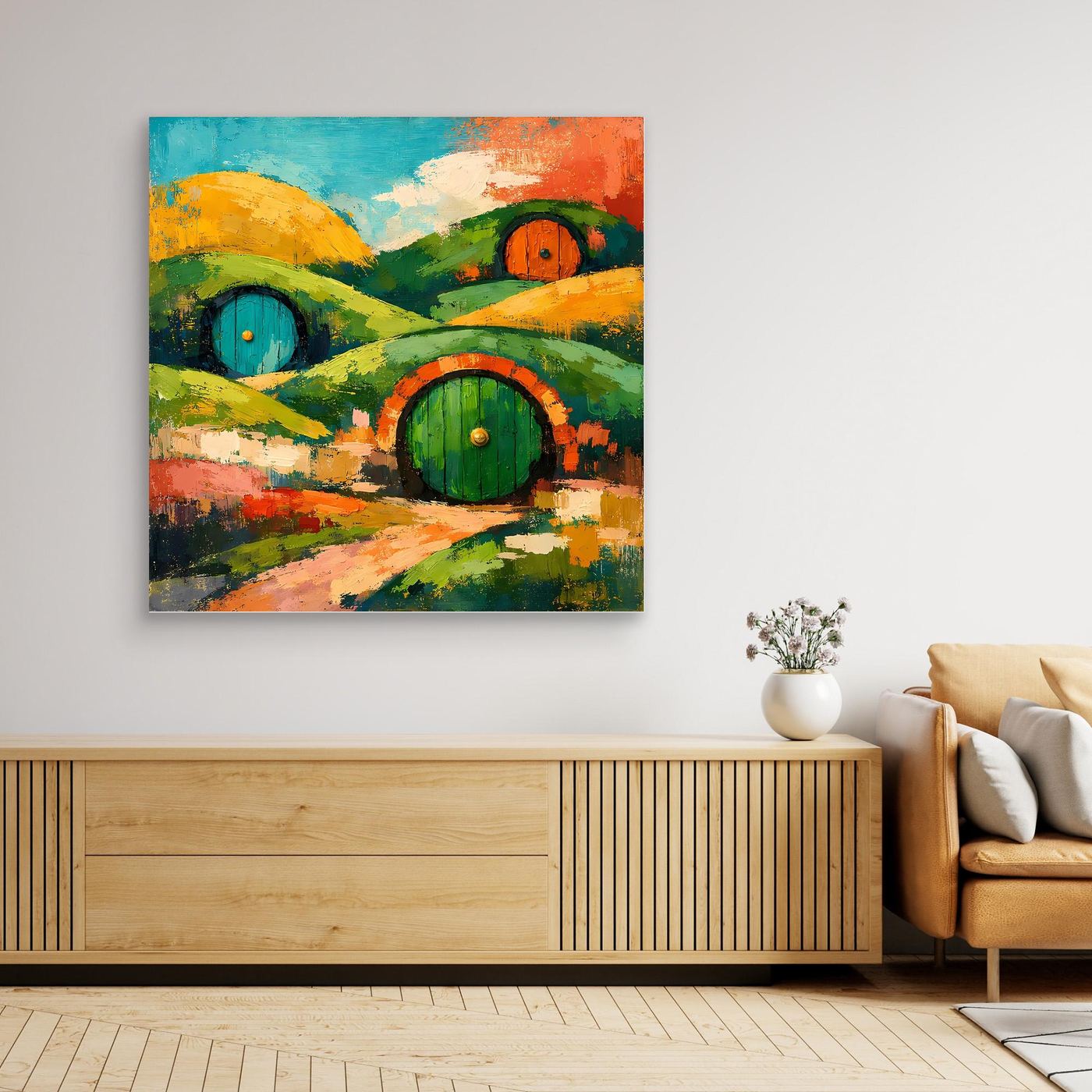 Abstraktes Wandbild auf Leinwand mit sichtbarem Rahmen: grüne Landschaft mit Fantasie-Toren