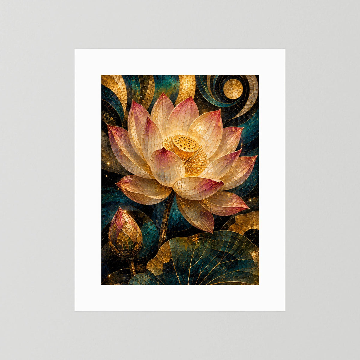 Poster mit Lotusblüte-Mosaik in Gold, Petrol und Rosa, weißer Rand ohne Rahmen