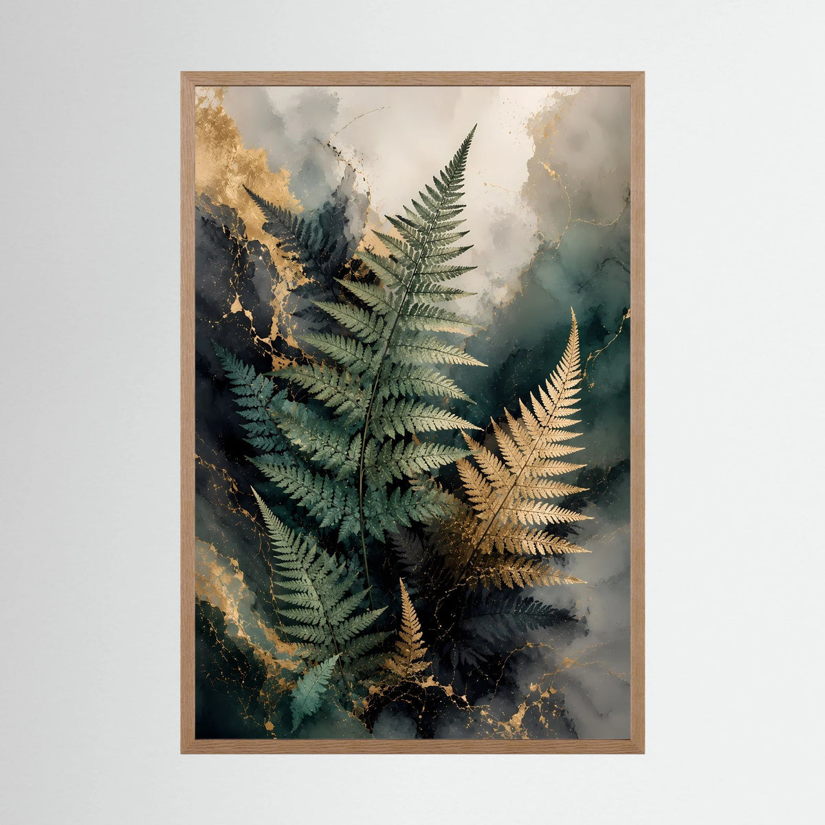 Edle Farnblätter in Grün & Gold | Botanische Kunst auf Marmoroptik | Poster Hochformat