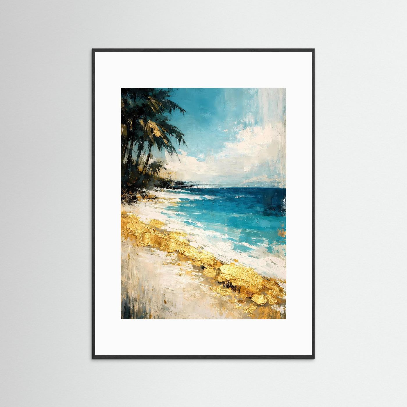 Abstraktes Strand-Kunstposter im Hochformat: türkisblaues Meer, Strandkante, weißes Passepartout