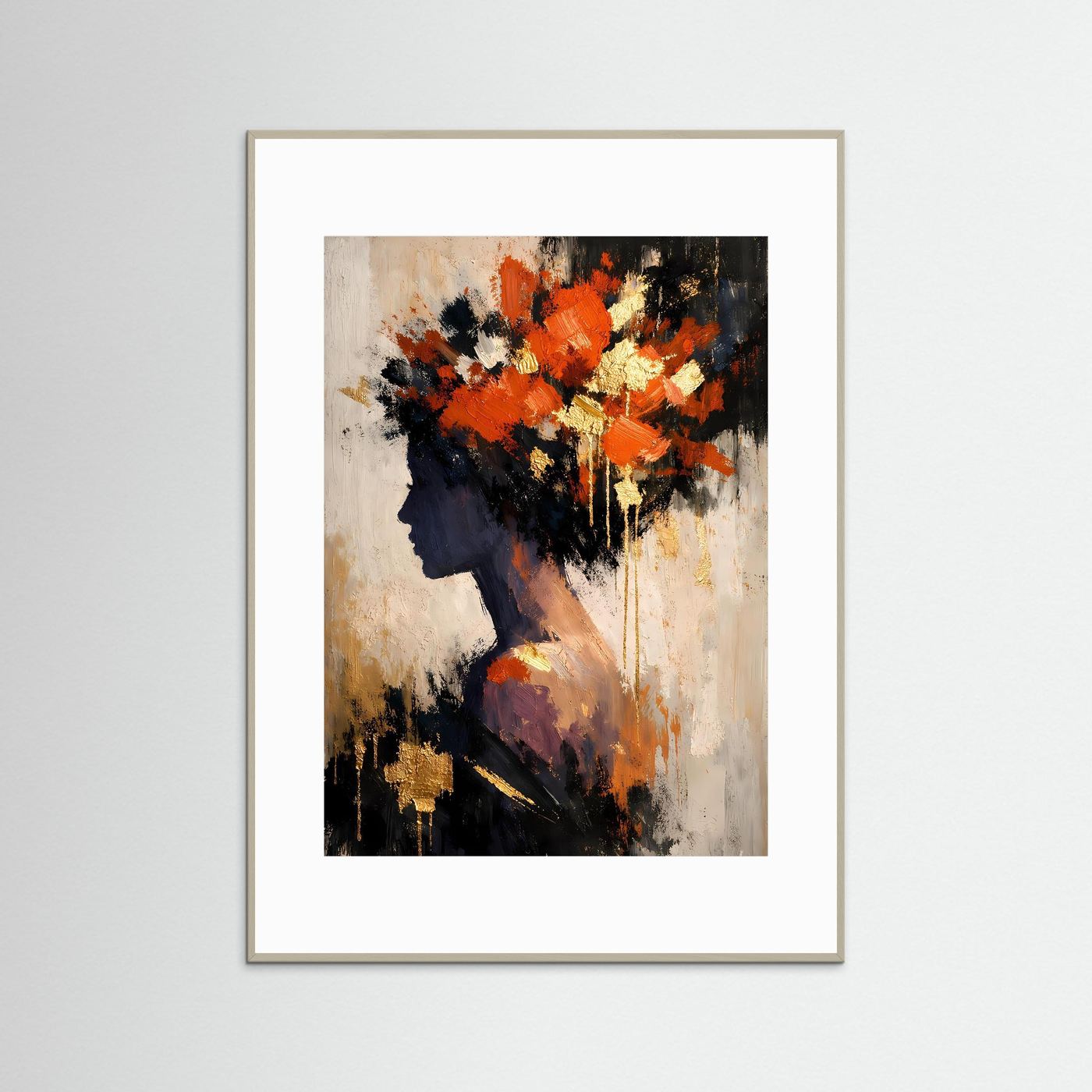 Kunstposter im Hochformat mit abstraktem Frauenportrait, orange und anthrazit im grauen Rahmen