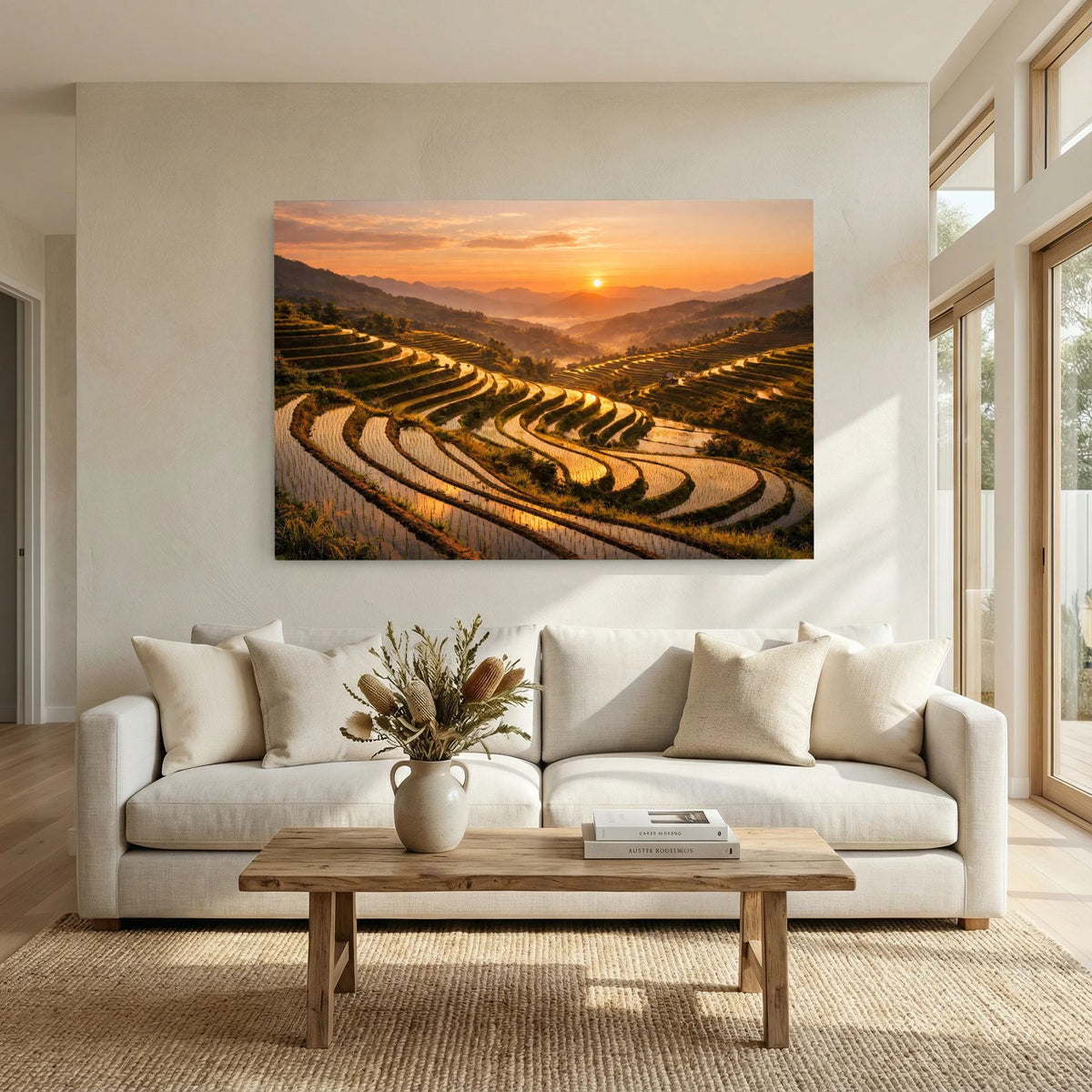 Wandbild mit Reisterrassen und Sonnenuntergang über Berglandschaft, Querformat