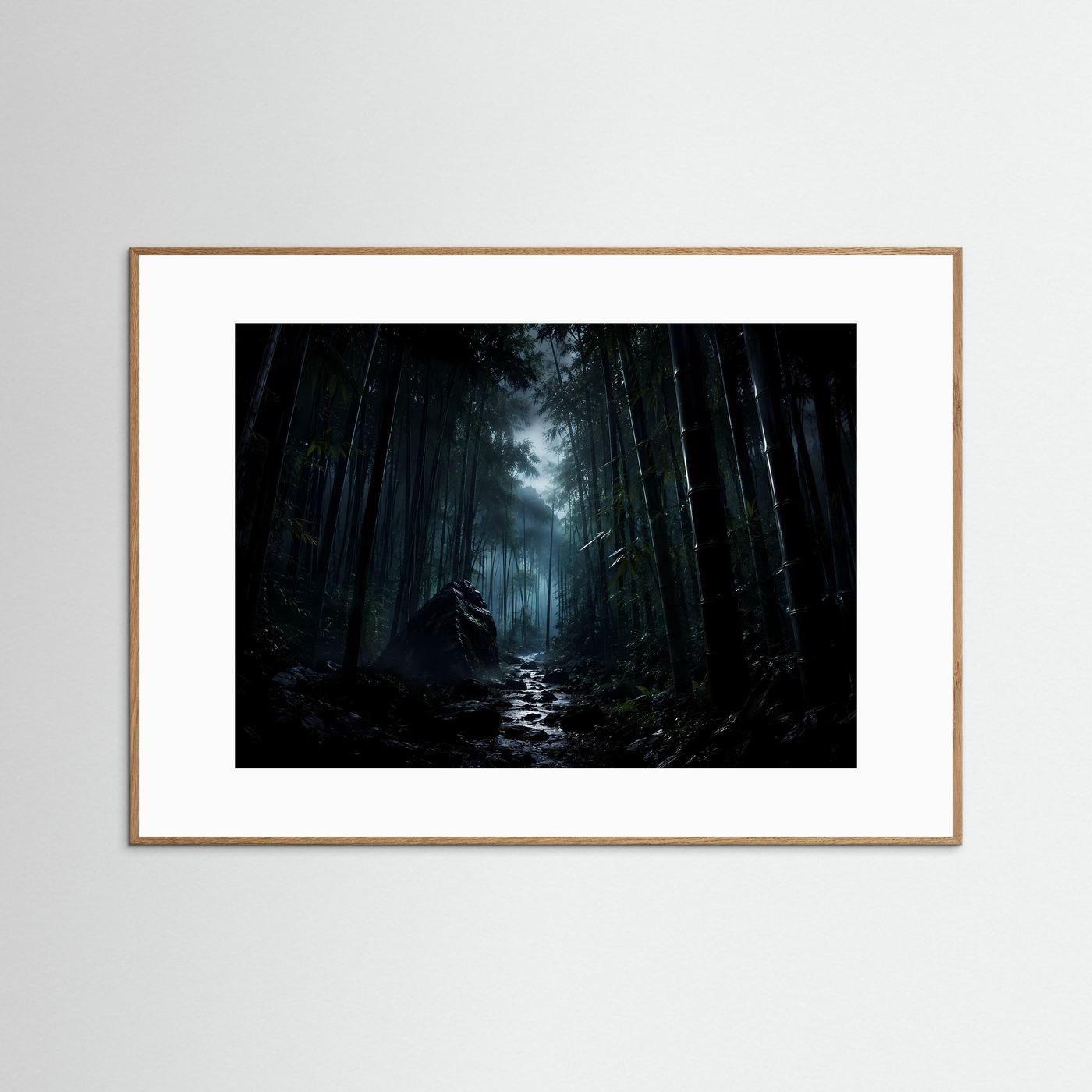 Mystischer Bambuswald bei Nacht Poster | Japanischer Zen Wald Nebel Landschaft Wandbild Querformat