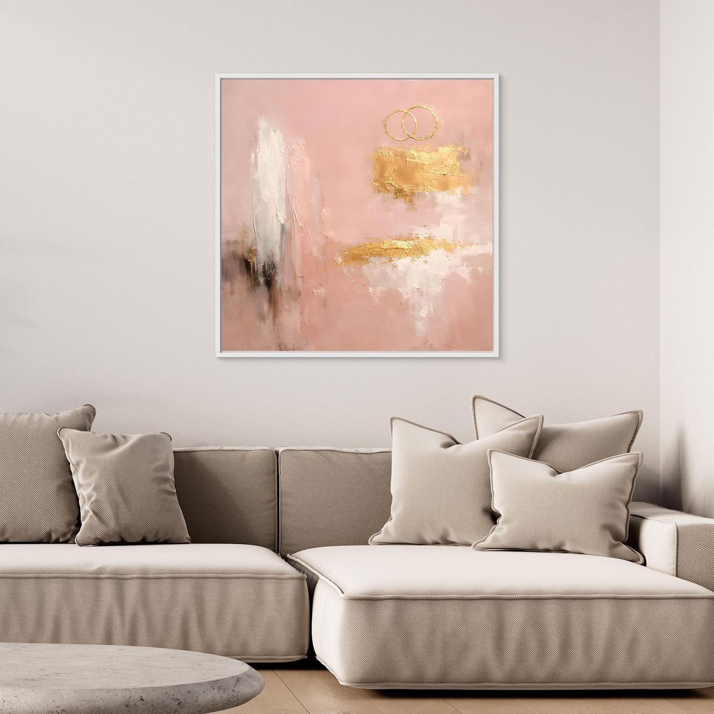 Leinwand Abstraktes Hochzeitsgemälde in Altrosa und Gold | Modernes Wandbild Eheringe