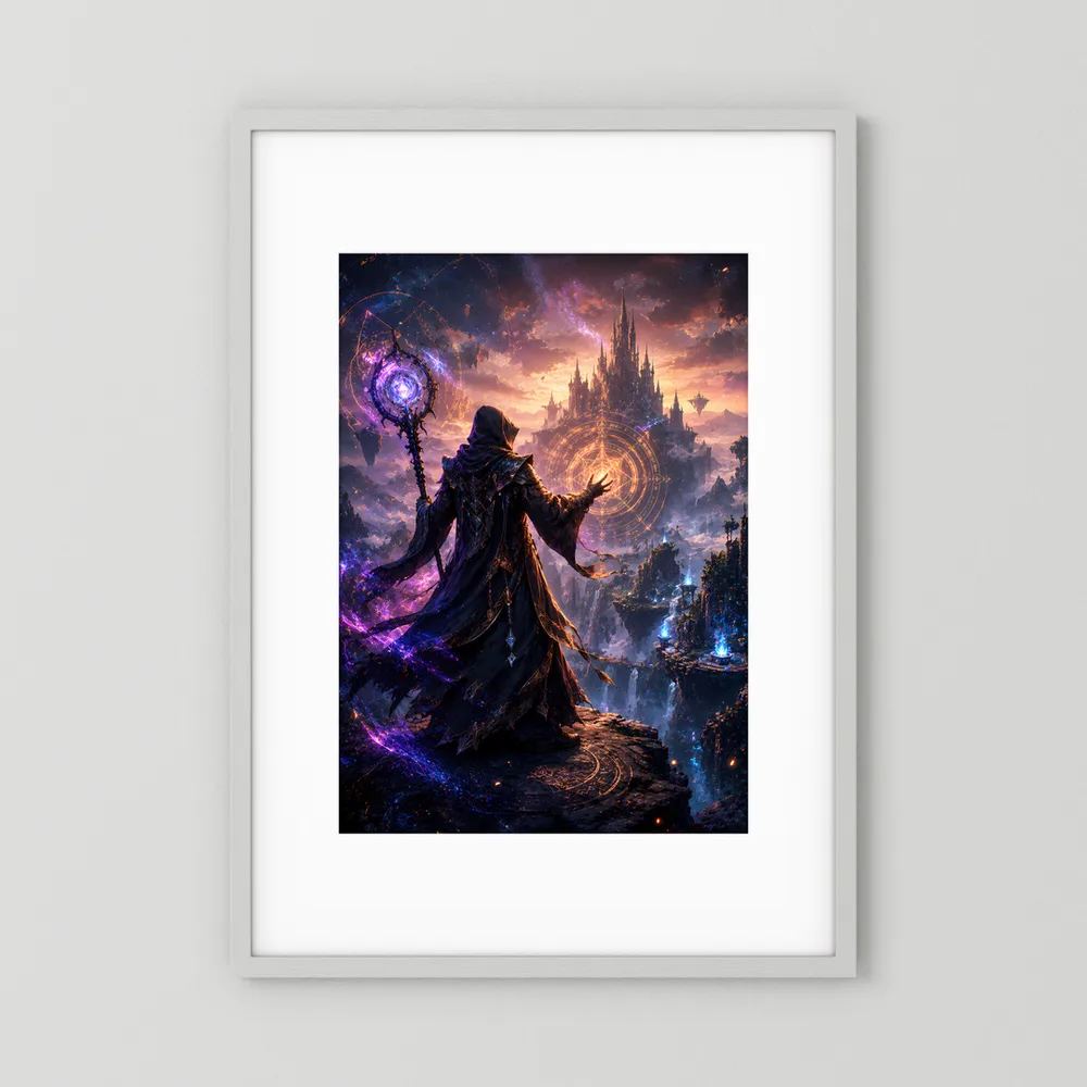 Kunstposter Hochformat mit Zauberer-Silhouette vor mystischer Burg und leuchtendem Zauberkreis