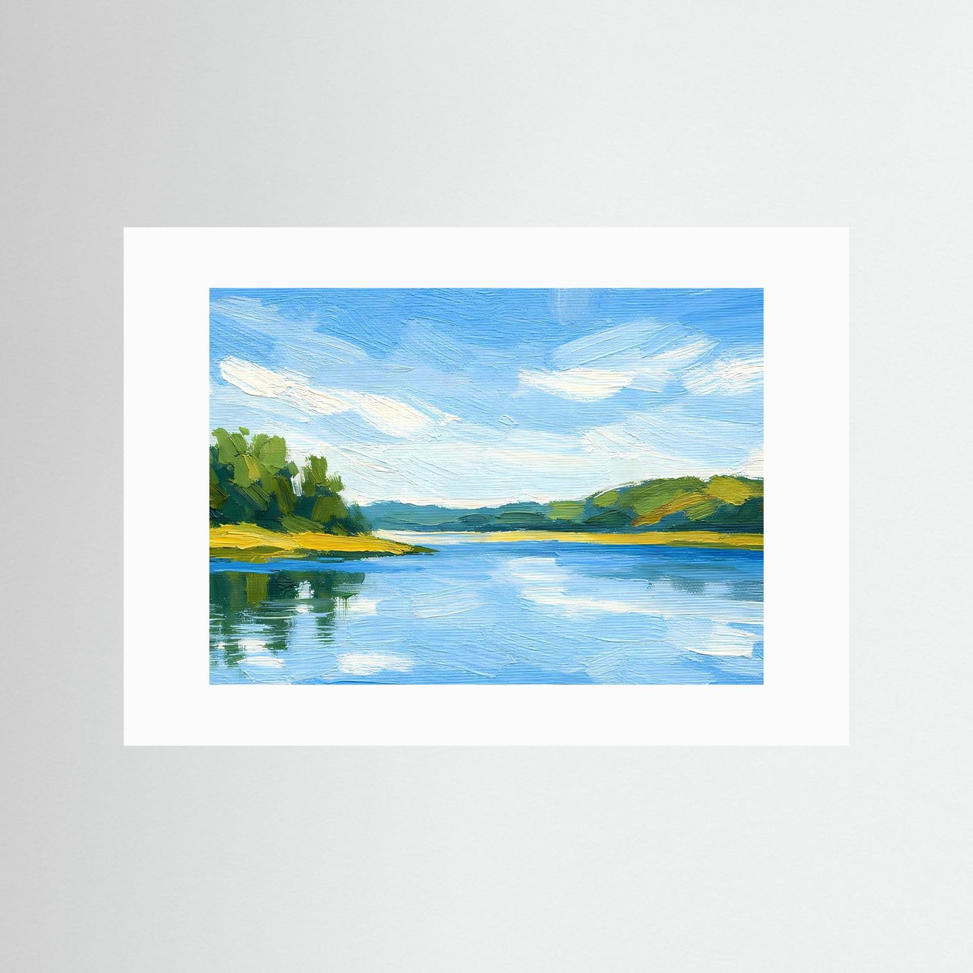 Landschafts-Wandbild ohne sichtbaren Rahmen, blaues Fluss- und Hügellandschaftsmotiv