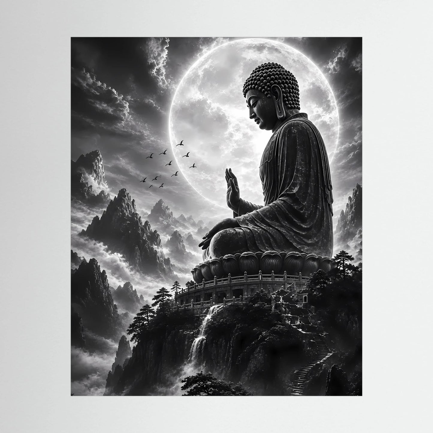 Schwarzweiß-Poster im Hochformat mit sitzendem Buddha, Vollmond und Bergen
