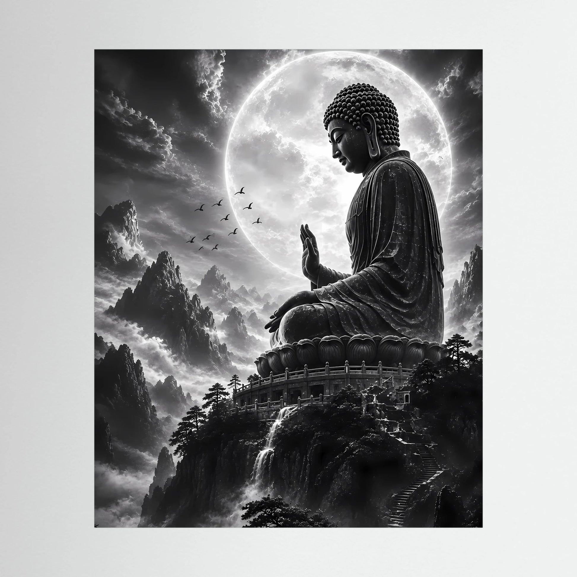 Schwarzweiß-Poster im Hochformat mit sitzendem Buddha, Vollmond und Bergen