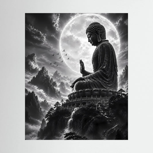 Schwarzweiß-Poster im Hochformat mit sitzendem Buddha, Vollmond und Bergen