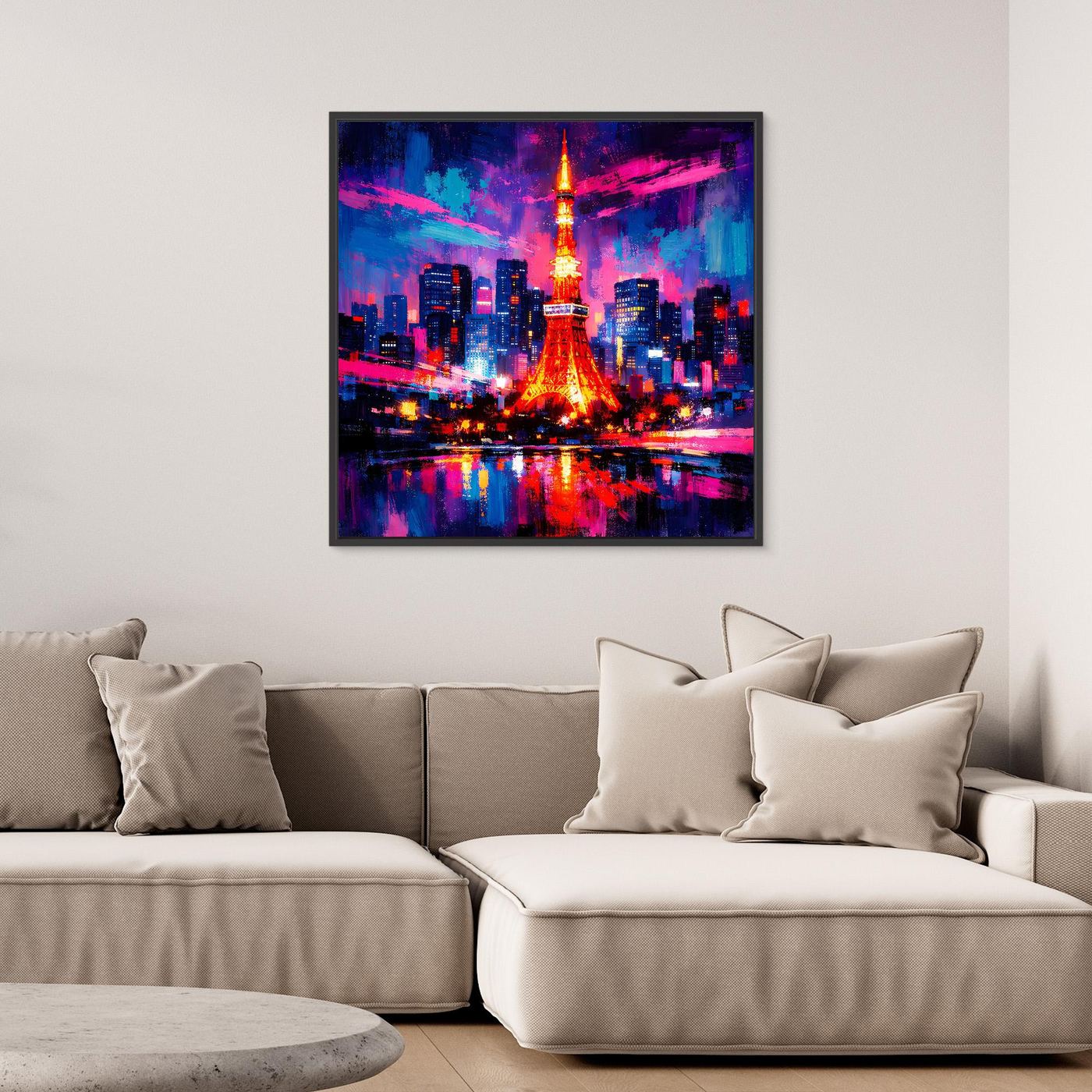 Abstraktes Skyline-Wandbild mit farbiger Lichtstadt und Turm, schwarzer Rahmen