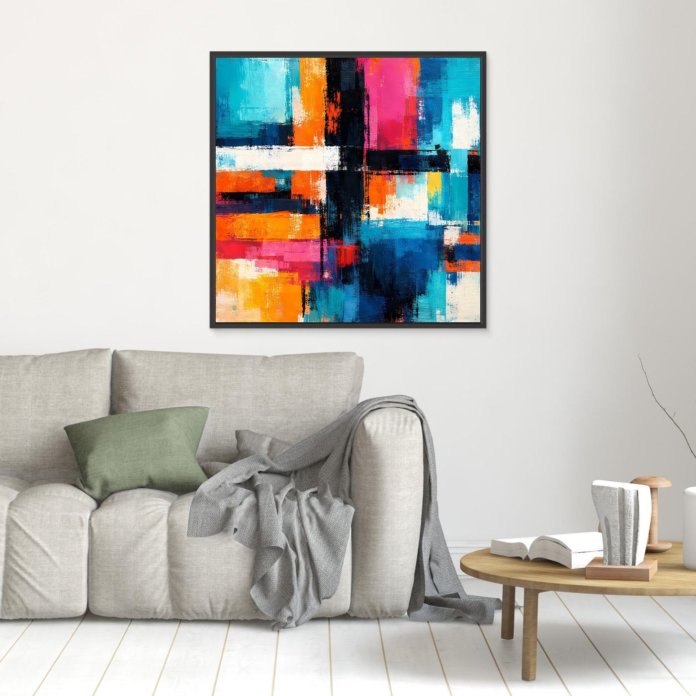 Abstract geometric wall art, multicolor blocks and bars with dark lines, black frame